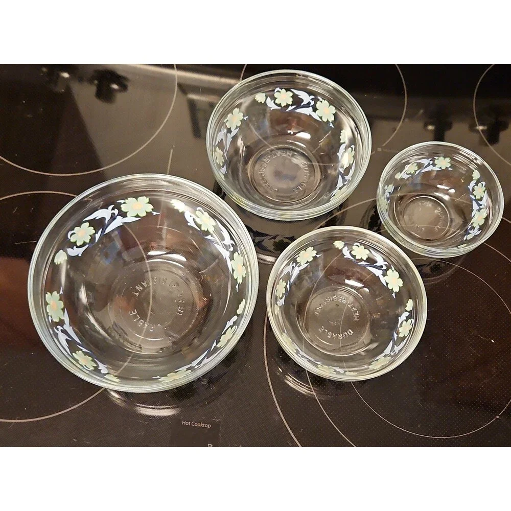 Set Of 4 Imperial Glass Green Sunflower Blue Leaves Nesting Bowls EUC